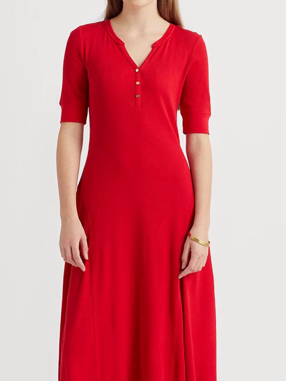 Lauren Ralph Lauren Red Cotton Waffle Knit Henley Midi Dress Size L NWOT